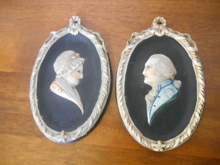 Pair of Plaques George & Martha Washington Chalkware Relief Artwork Hand Painted