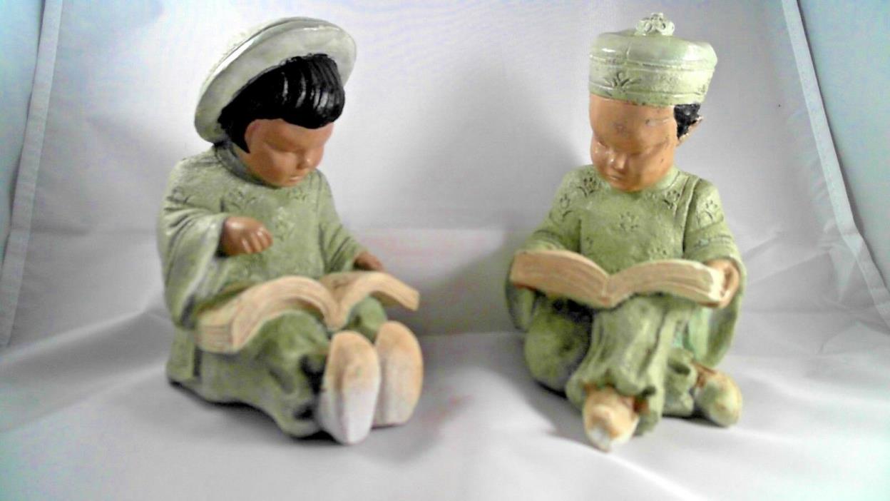 VINTAGE CHALKWARE ASIAN CHILDREN READING BOOKENDS FIGURINES GREEN