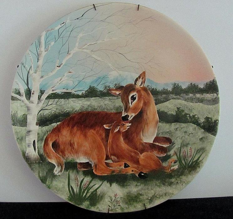 ORIGINAL HAND PAINTED WALL HANGING CHALKWARE PLATE - DOE & FAWN WHITETAIL SIGNED