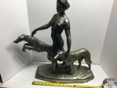Kaesrach 21 Inch Woman  walking borzoi dogs sculpture
