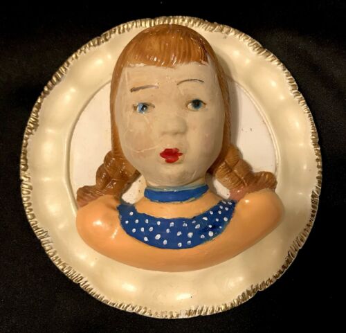 Vintage Chalkware Plaque Round Art Deco Girl Pigtails Bust Wall Decoration