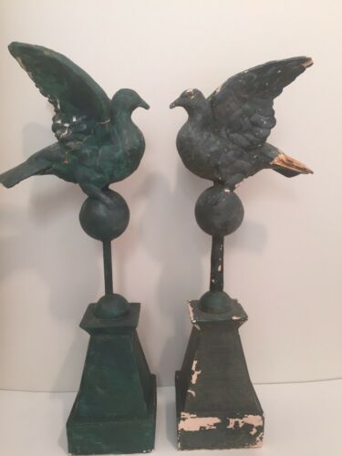 Pair Shabby Chic Green Chalkware Birds Statues Architectural Elements Decor 25