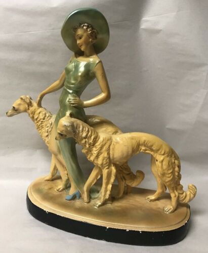VINTAGE CHALKWARE BEAUTIFUL ART DECO STATUE WOMAN WITH HAT and BORZOI DOGS