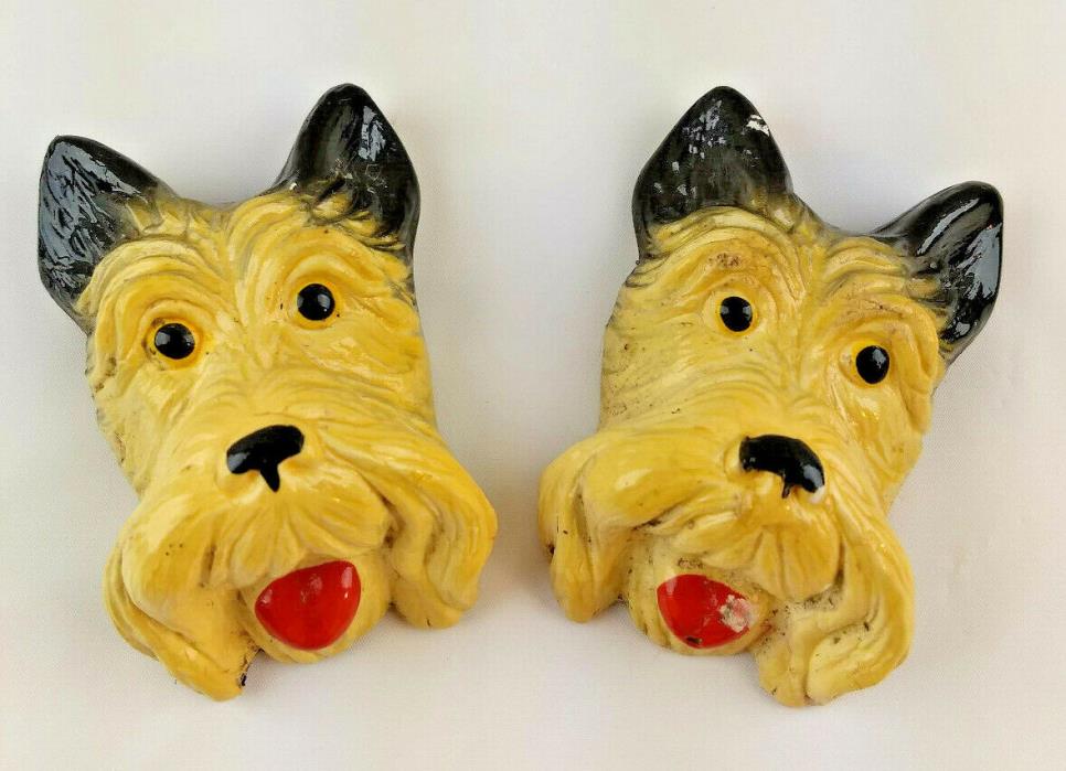 Antique Vintage Chalkware Dog Terrier Heads