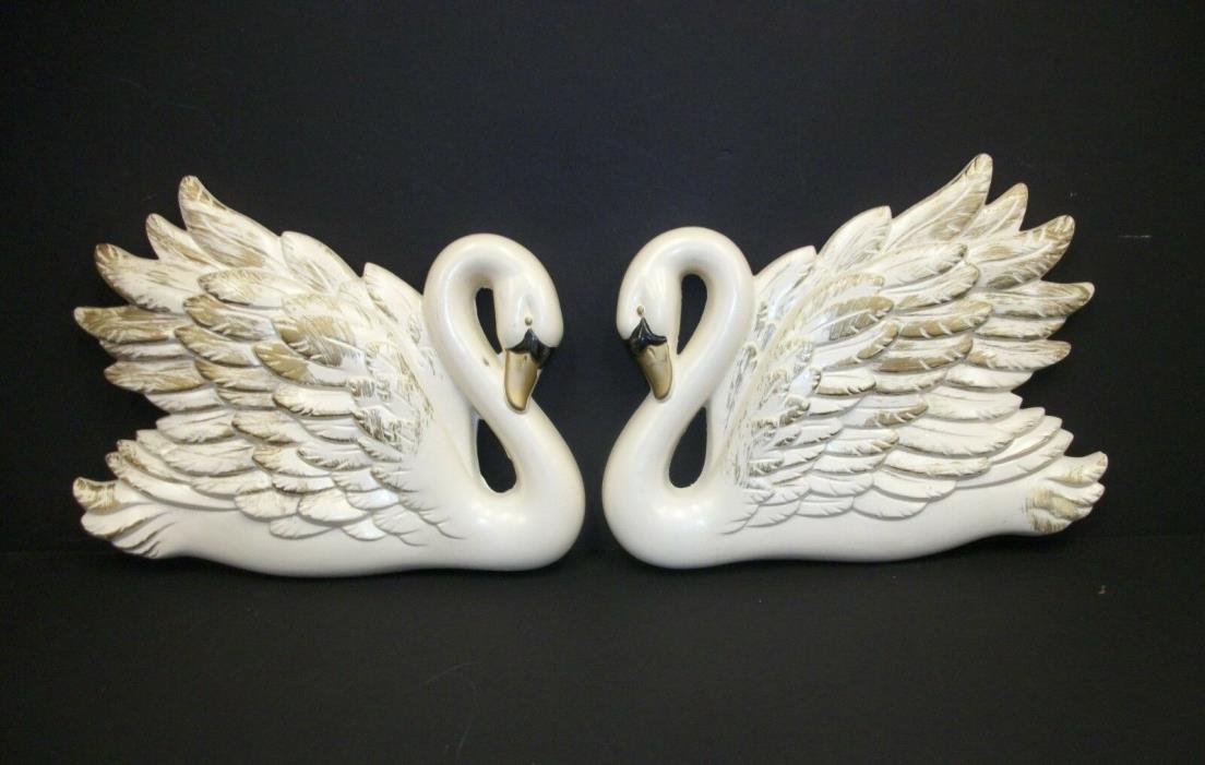 Vintage 1960's Chalkware Wall Plaques - White Swans - Gold Brushed