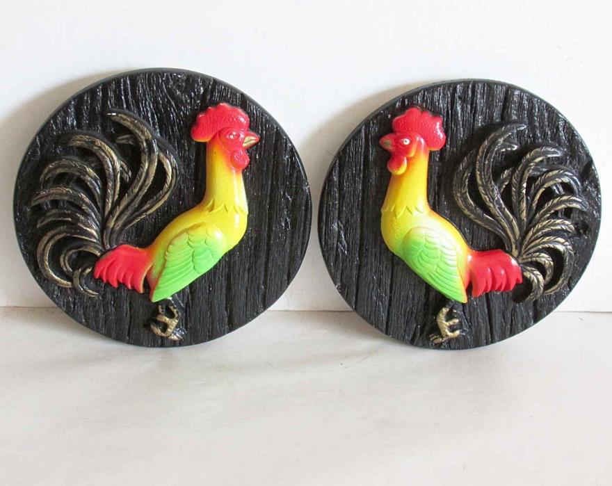 2 Pc Vintage Rooster Wall Plaques Chalkware Miller Studios 1977 5.5