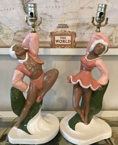 Pair 1950s Chalkware Table Lamps Ballet Dancers Flamingo Florida Colors Pink