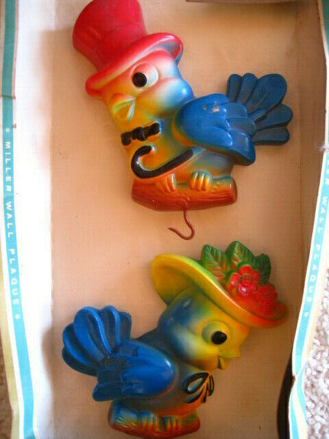 Vtg 1960's Chalkware Mr/Mrs Bird Colored Wall Plaques w/Hooks Miller Studios