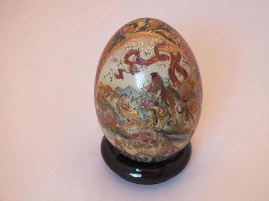 Ornate Vintage Decorative Cloisonné Egg w. Colorful Designs & Stand