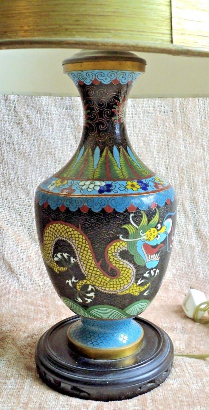 Antique Vtg CHINESE Cloisonne LAMP 2 Yellow DRAGONS Wood Base +Gold Paper Shade