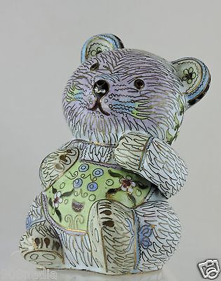 VINTAGE CHINESE CLOISONNE TEDDY BEAR PASTEL GREEN LAVENDER FIGURINE