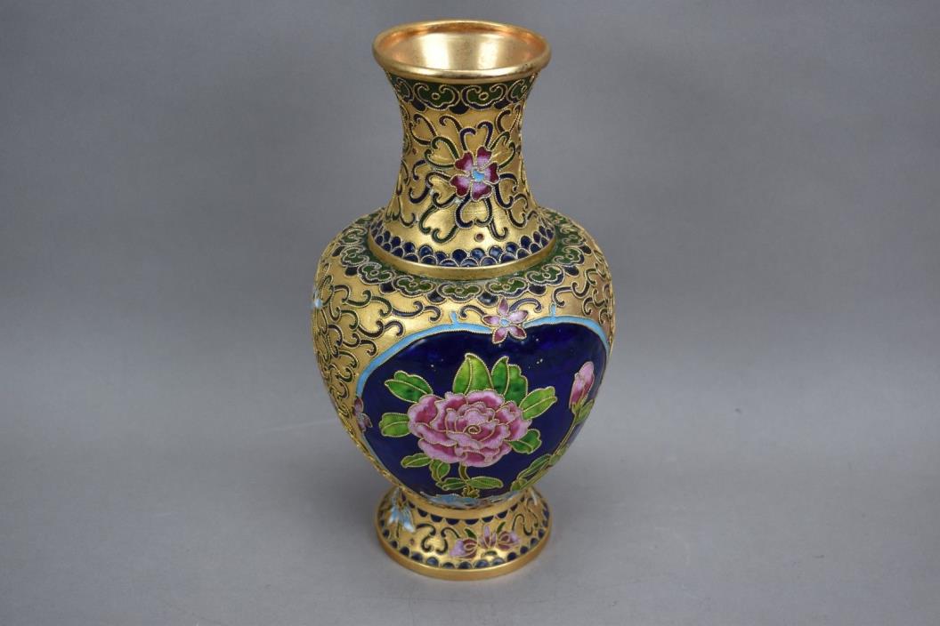 Cloisonne Textured Gold Vase Peonies Flowers Blue