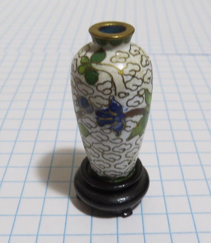 Miniature Enamel Cloisonne Vase Urn on a Pedestal - White Background w/ Flowers