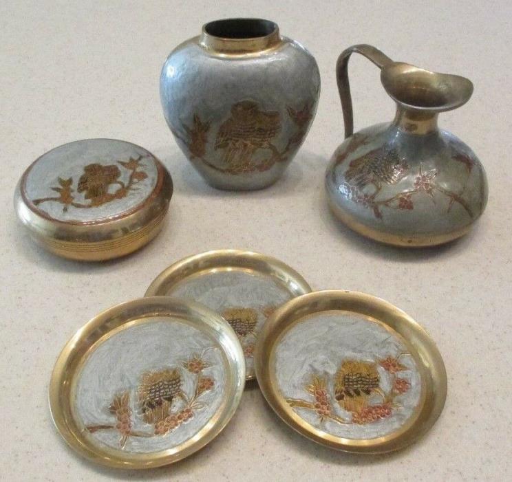 Gorgeous Cloisonne Enamel Set Owl Vase Pitcher Coasters Lidded Container