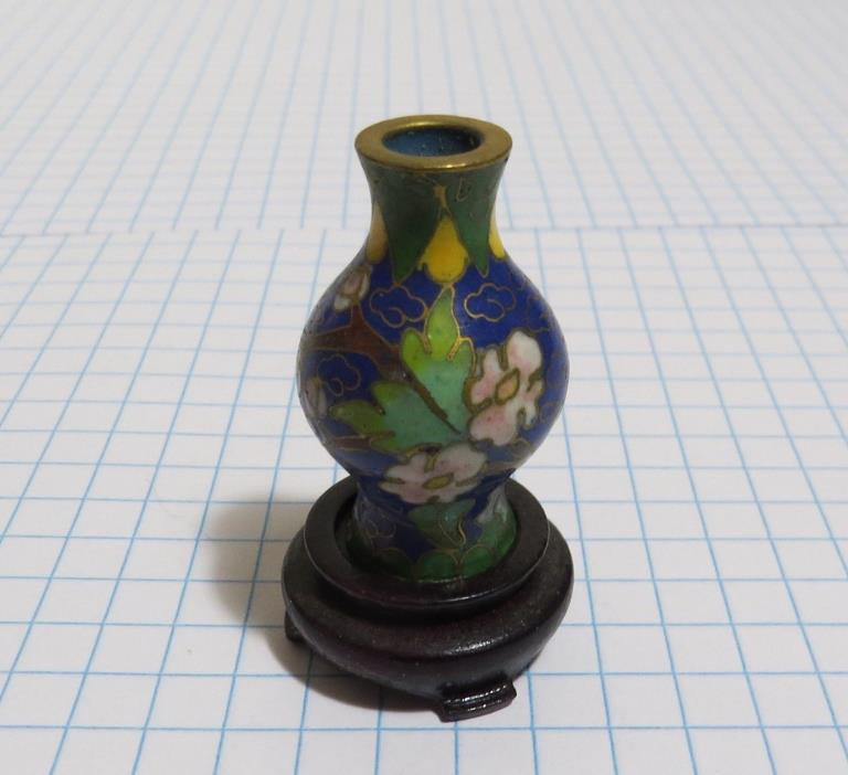 Miniature Enamel Cloisonne Vase on a Pedestal - Blue Background w/ Flowers