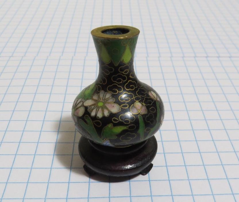 Miniature Enamel Cloisonne Vase on a Pedestal - Black Background w/ Flowers