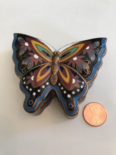 Vintage Butterfly Enamel Cloisonne & Brass Trinket Jewerly Box