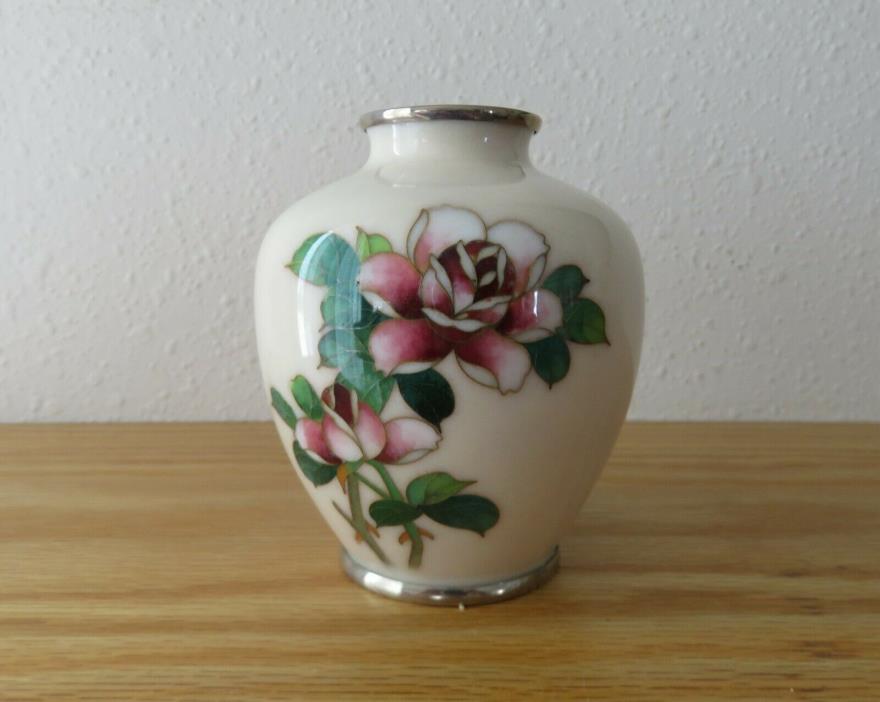 Cloisonne Vase w Rose Flowers Off-White Background Japan
