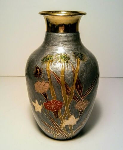 Vintage Cloisonne Vase Enamel on Brass - Blue w/Flower Design 8” Tall