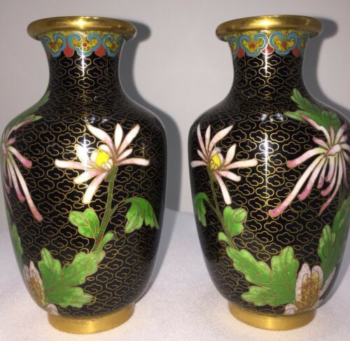 Pair Of Chinese Cloisonné Enamel Over Brass Vases 4 1/2” Tall