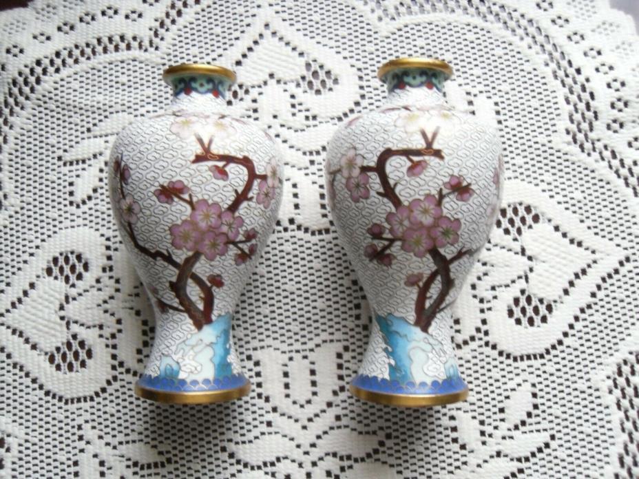 Nice set of Chinese cloisonne vases w pink cherry blossoms bird gold accents 6
