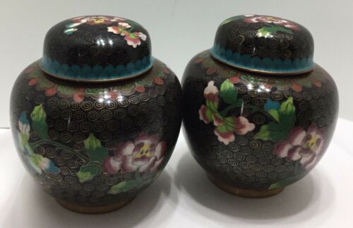 Pair Of Chinese Cloisonné Over Brass Ginger Jars Made In China