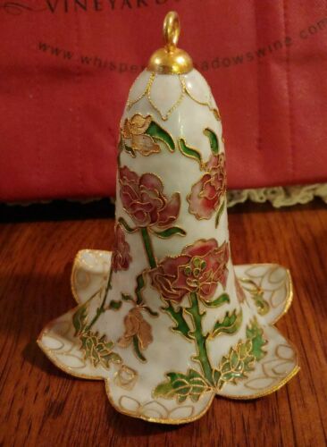 Cloisonne Christmas Bell Ornament, Pink Roses.  5