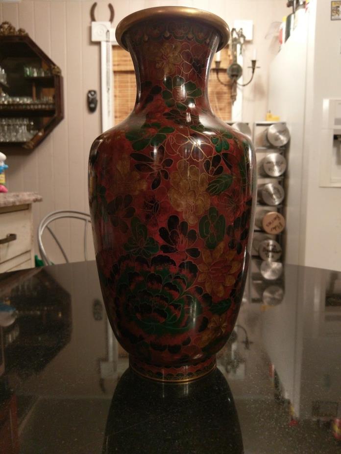 Large Antique Chinese Cloisonne Brass Flower Vase