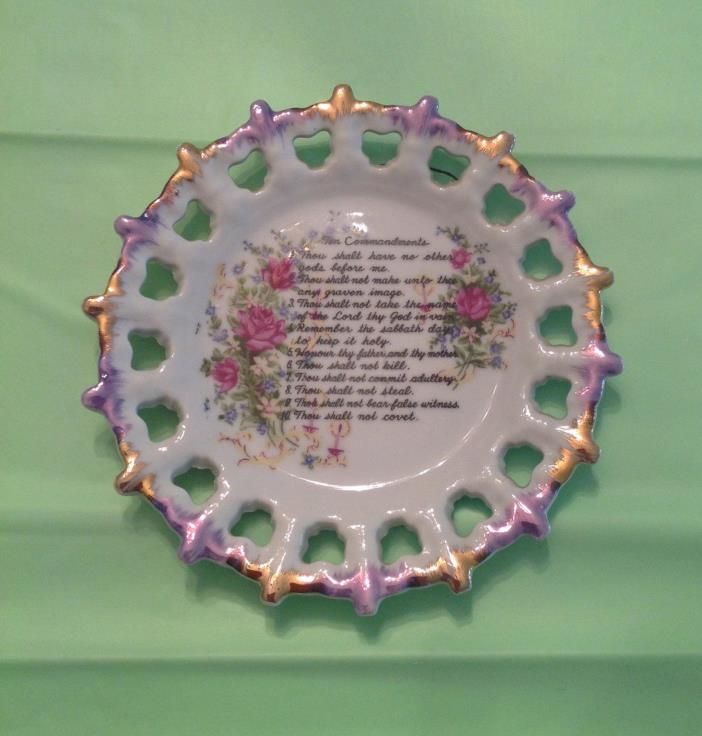 Vintage LUGENE'S JAPAN Decorative Hand Painted Porcelain Plate, Ten Commandments