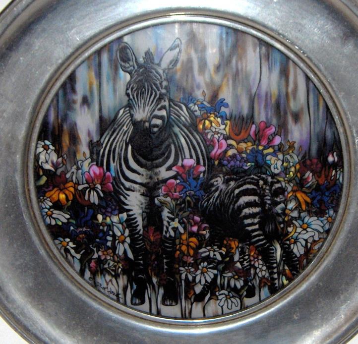 US Historical Society 1987 Mothers Day Stained Glass Plate  Pewter Zebra