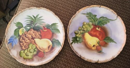 2 Lefton PLATES Fruit Pear Cherries Hand Painted Gold Trim Wall Decor Vintage