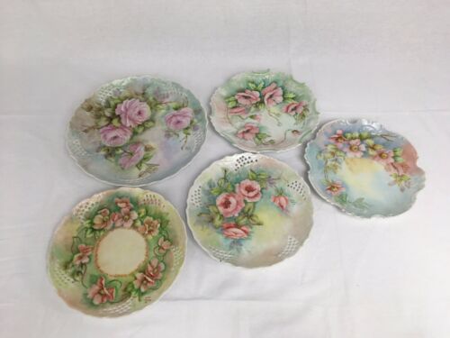 Lot of 5 Vintage Plates Hand Painted Flowers Signed Nina Hanley 72 73 77 83 84