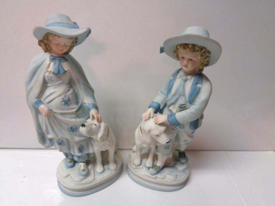 2 Vintage Andrea by Sadek Figurines Boy & Girl With Labrador Dog & Blue White