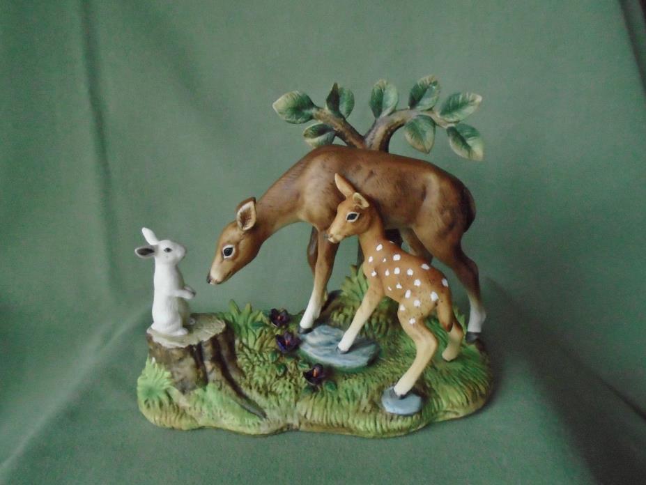 VTG Porcelain Andrea by Sadek Deer Family Figurine #6648 Signed Doe Fawn Rabbit