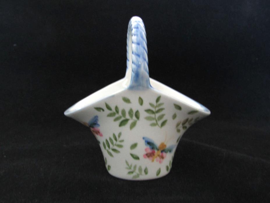 Andrea by Sadek Small Porcelain Basket w/ Handle Butterflies & Leaves EUC