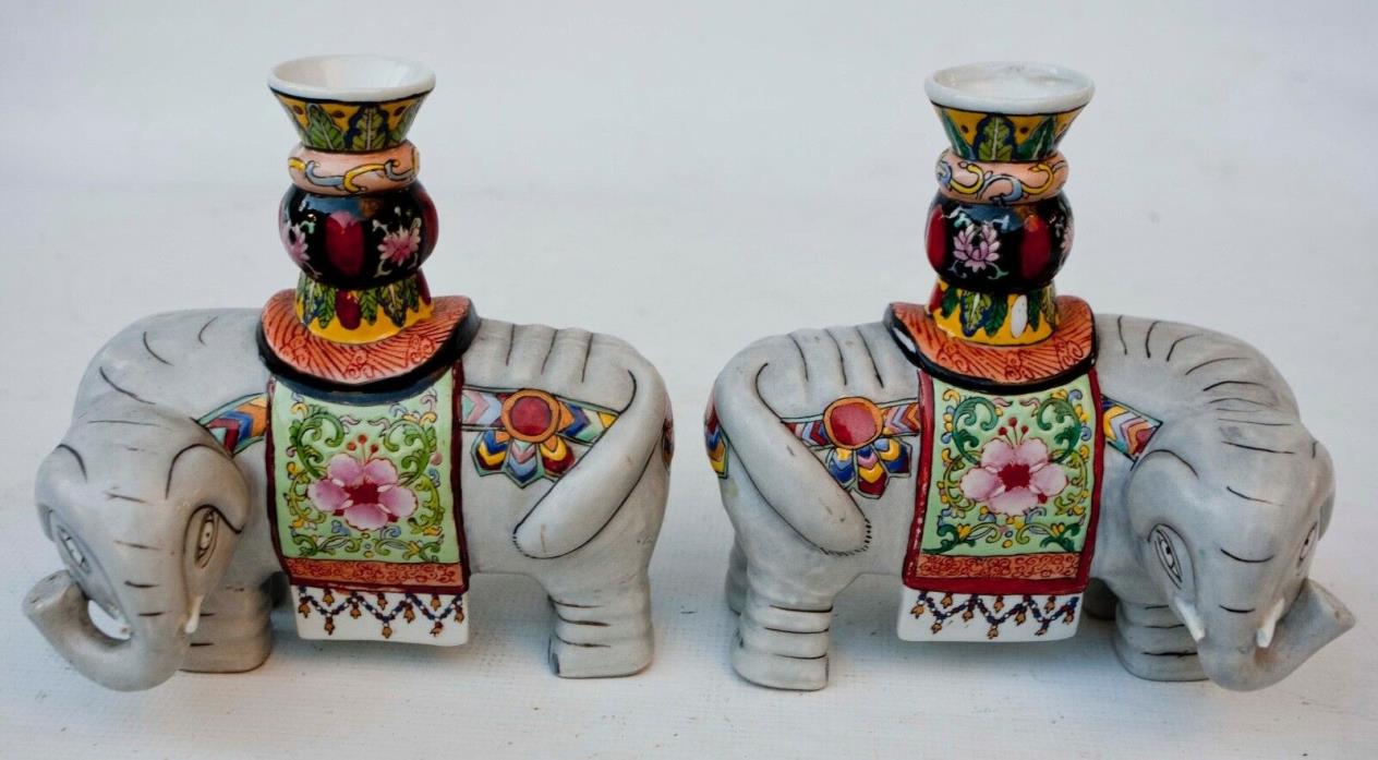 PAIR OF PORCELAIN ELEPHANT CANDLE HOLDERS COLORFUL DETAIL ANDREA BY SADEK