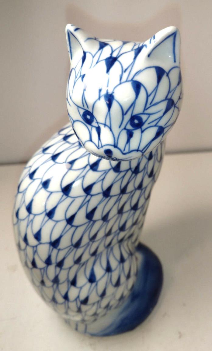 Andrea by Sadek Blue Fishnet Handpainted Cat Figurine 7 1/2