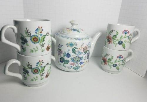 Vtg 80s Floral Teapot Andrea by Sadek Lot Trademasters Teacups 5pc Lot