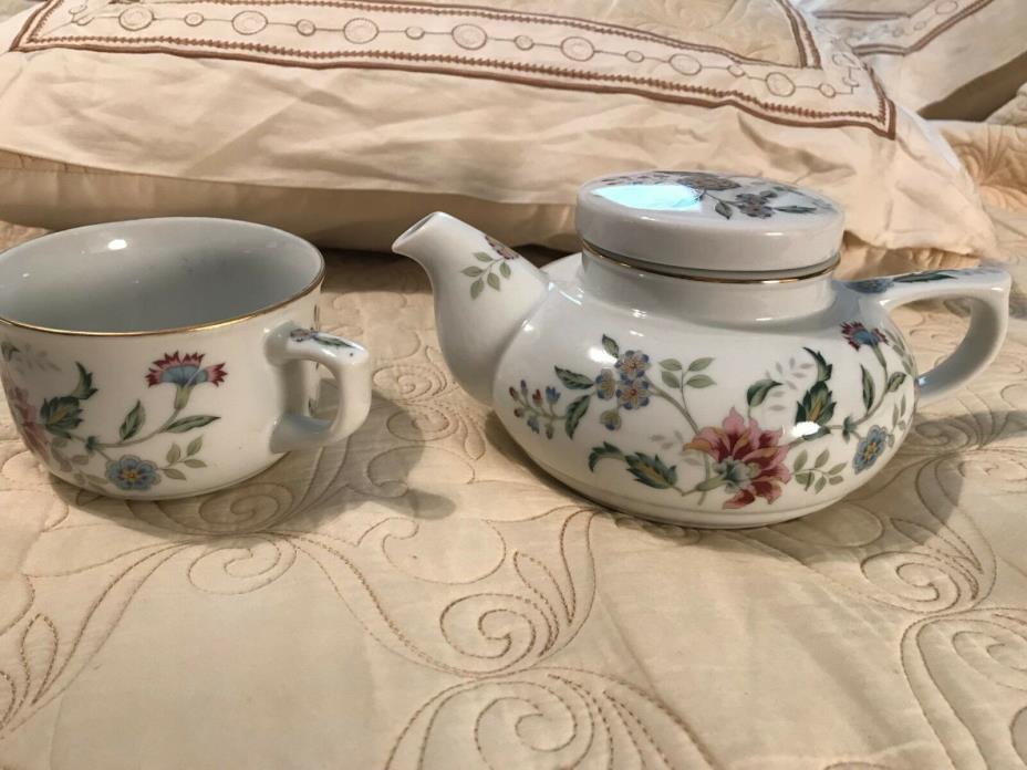 Andrea by Sadek Individual Teapot & matching cup floral pattern Cup rests on top