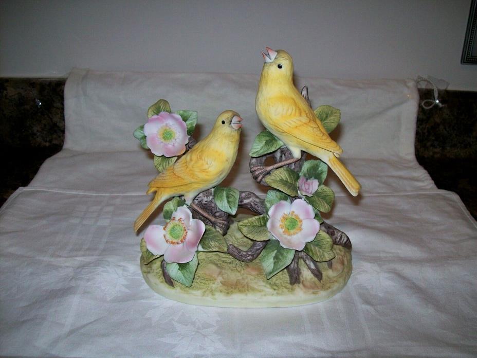 Canary by Andrea Sadek- Canaries on branch w/ Pink Flowers~Bisque Porcelain