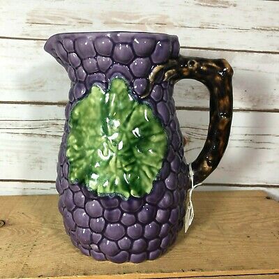 Ceramic Majolica Style Pitcher Grapes Jay Willifred Andrea by Sadek Purple Green