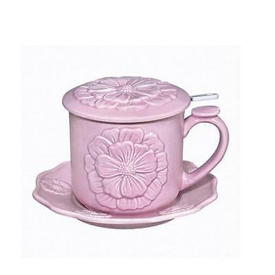 Andrea by Sadek Pink Peony Covered Tea Mug Saucer Mug w Mesh Strainer 20546 NIB