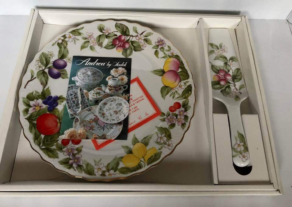 Andrea by Sadek Fruit & Blossoms Cake Plate Server Fine Porcelain Original Box