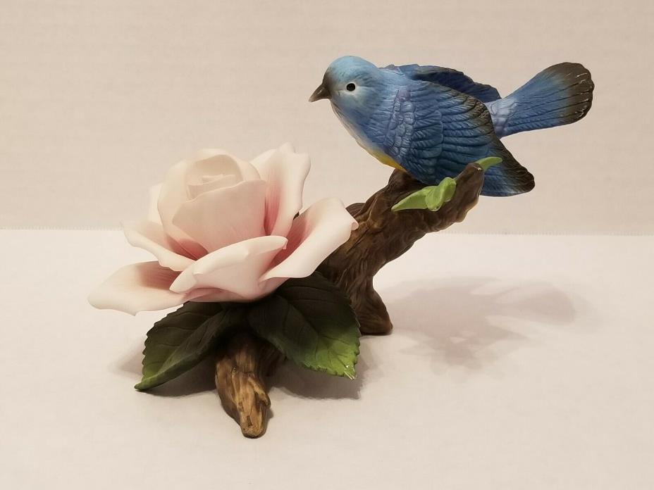 Andrea by Sadek Bluebird with Pink Rose 11499 China Bird Flower Figurine