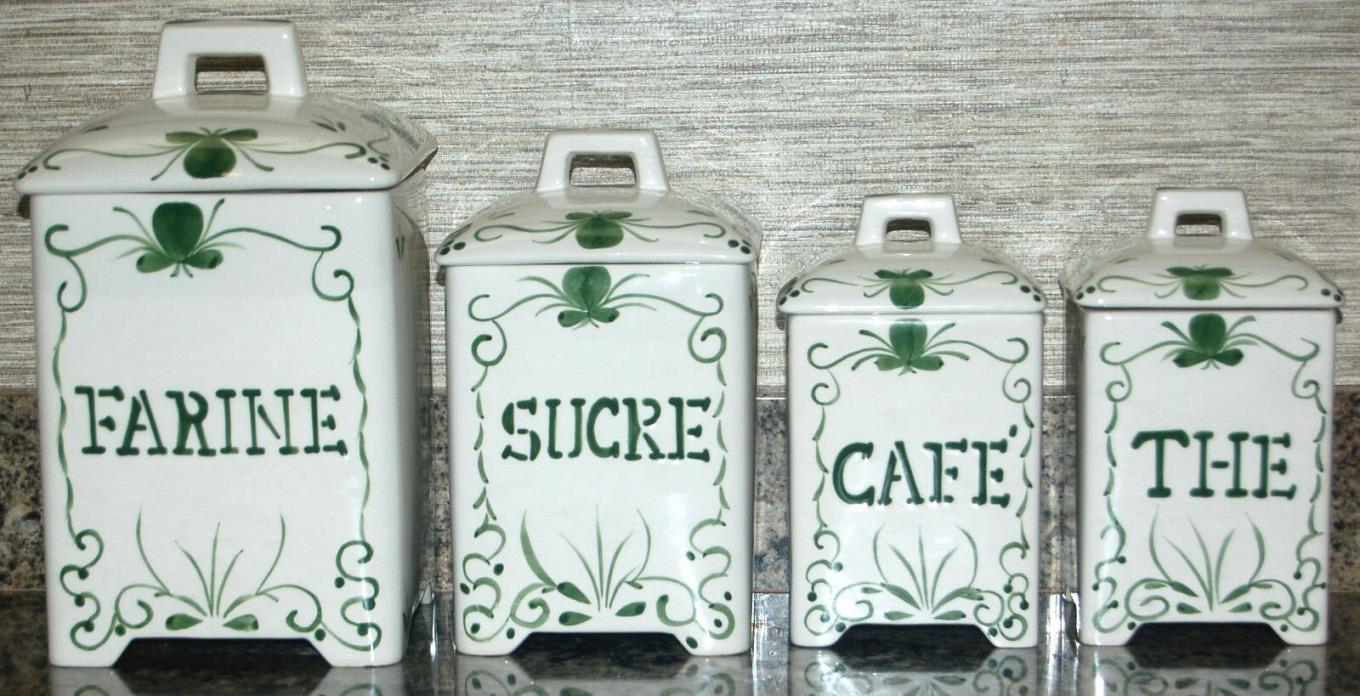 FOUR GREEN AND WHITE FRENCH FARMHOUSE CANISTERS BY 'J WILLFRED' ANDREA BY SADEK