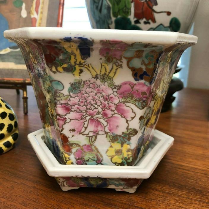 ANDREA BY SADEK CHINOISERIE FLORAL PORCELAIN PLANTER AND SAUCER