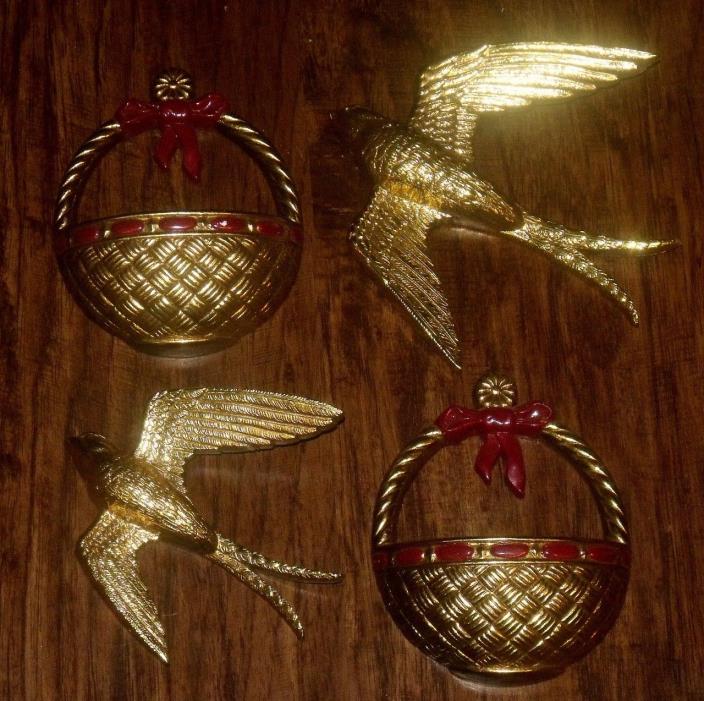 VTG HOMCO BURWOOD GOLD BIRDS IN FLIGHT BASKET WALL HANGING POCKET DECOR SET LOT