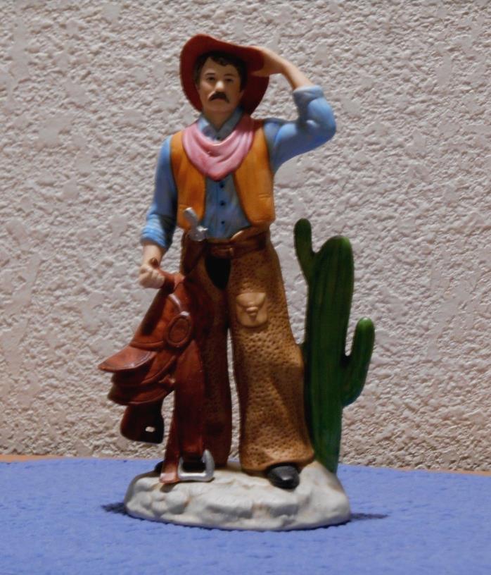 Homco Cowboy Standing Near Cactus Holding Saddle Figurine #1419