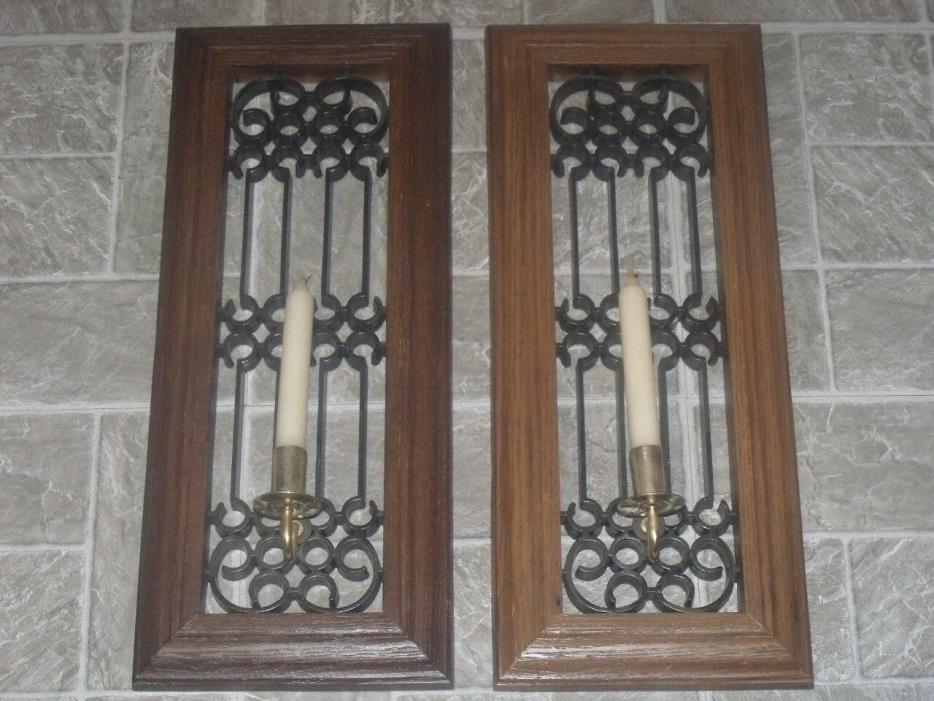 VTG HOMCO? FAUX WROUGHT IRON WOOD PLASTIC CANDLE HOLDER WALL PANEL SCONCE SET 20