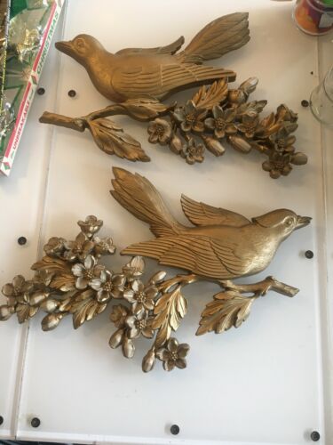 Vintage 1960s Plastic Gold Bird Pair Wall Decor On Floral Branch